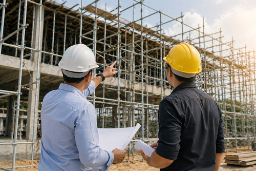 Engineers inspecting scaffolding structure at construction site to select the right scaffolding manufacturer in Madhya Pradesh