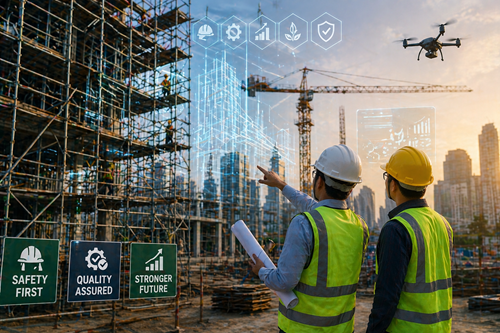 Modern construction site with advanced scaffolding system and engineers planning future infrastructure in Madhya Pradesh