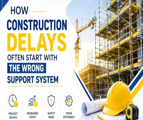 Modern construction site with scaffolding structure, tower crane, safety helmet, and engineering drawings highlighting the impact of support systems on project timelines.