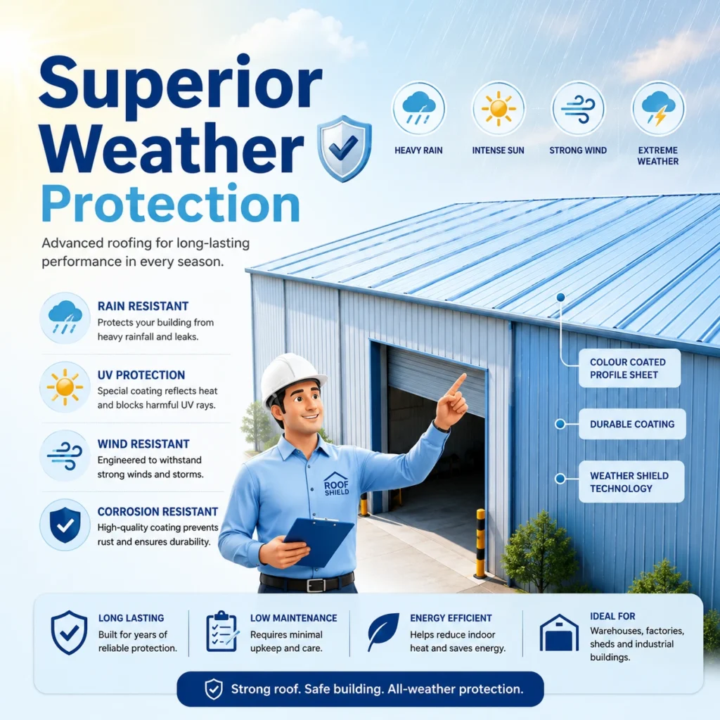 Engineer inspecting a warehouse with Colour Coated Profile Sheet roofing designed for superior weather protection, UV resistance, and long-lasting durability.