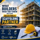 Construction engineer reviewing project plans beside a modern scaffolding structure at a commercial construction site.