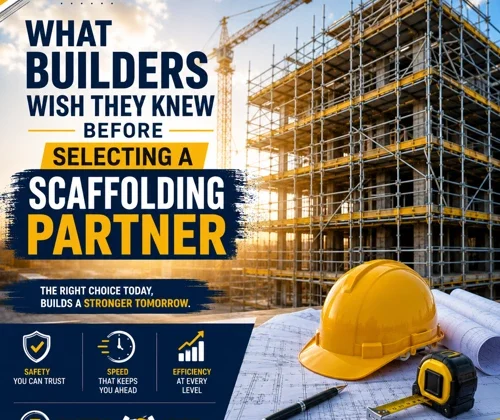 Construction engineer reviewing project plans beside a modern scaffolding structure at a commercial construction site.
