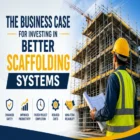 "Construction engineer reviewing project plans in front of a modern building with advanced steel scaffolding systems, highlighting safety, productivity, cost reduction, and long-term construction efficiency."