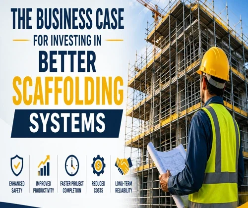 "Construction engineer reviewing project plans in front of a modern building with advanced steel scaffolding systems, highlighting safety, productivity, cost reduction, and long-term construction efficiency."