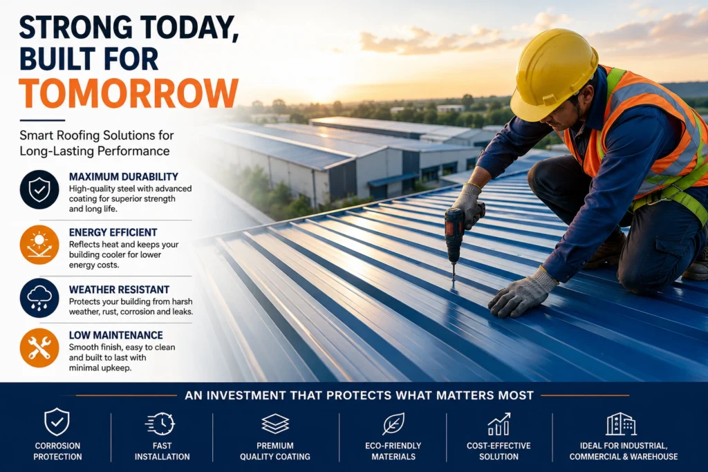 Construction engineer installing a Colour Coated Profile Sheet on a modern warehouse roof for durable, weather-resistant, and energy-efficient roofing.
