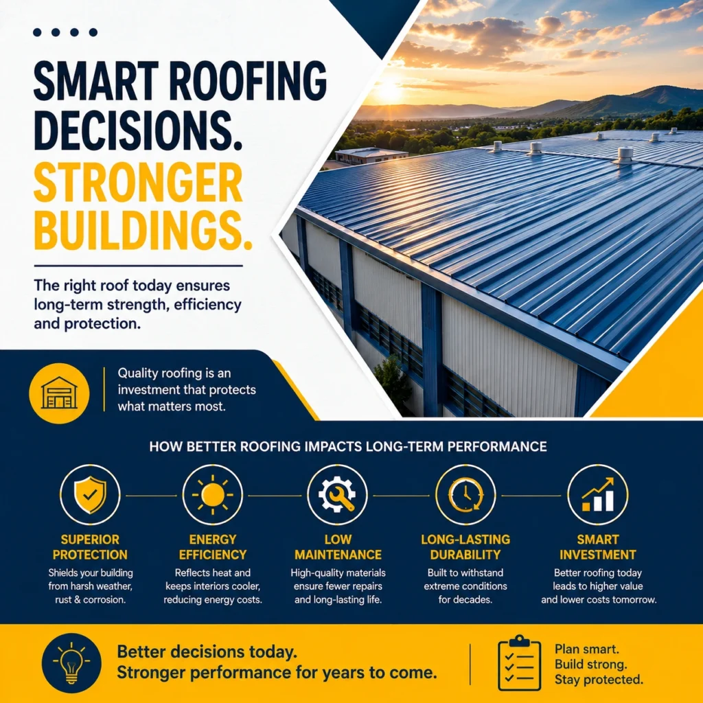 Modern industrial warehouse with a blue Colour Coated Profile Sheet roof highlighting smart roofing decisions for long-term building performance, durability, and energy efficiency.
