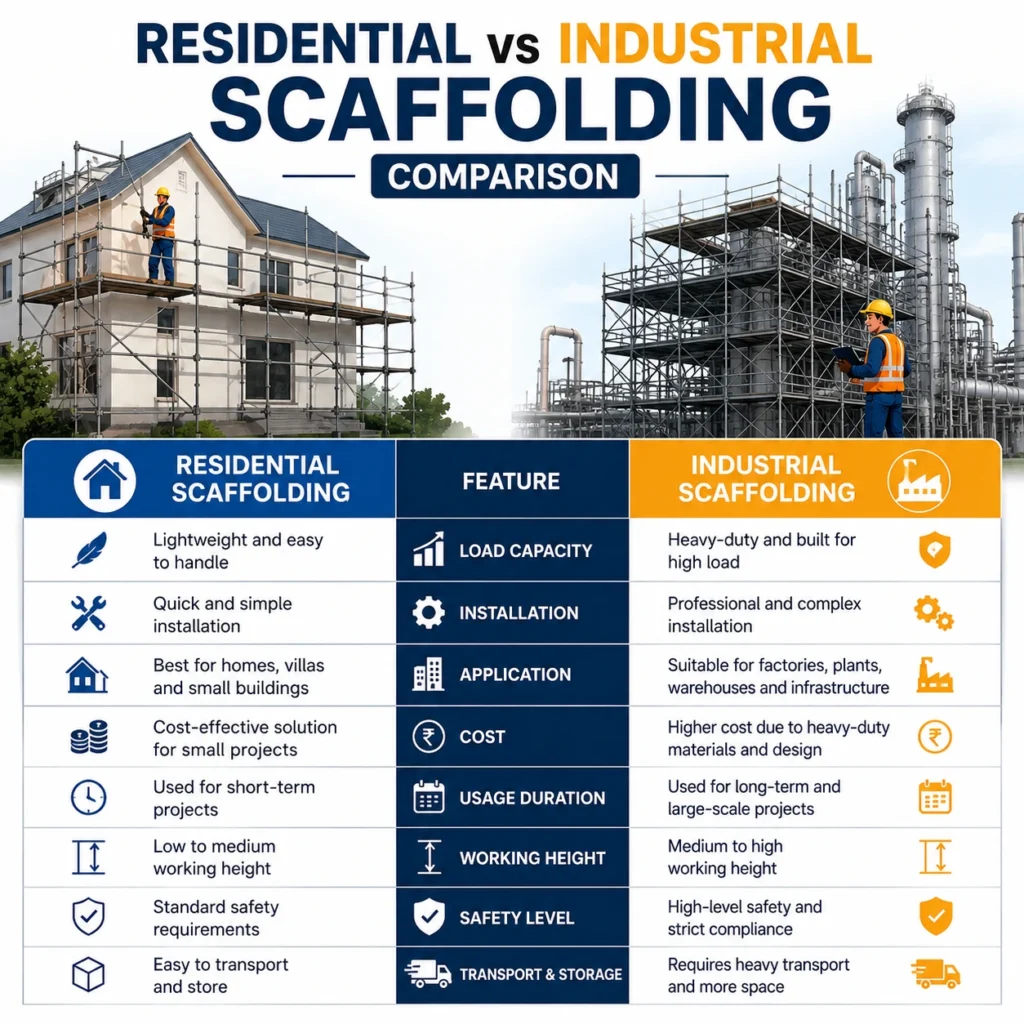 Comparison chart of residential and industrial scaffolding systems showing load capacity, installation, applications, safety, and performance by a trusted MS Scaffolding Manufacturer MP.