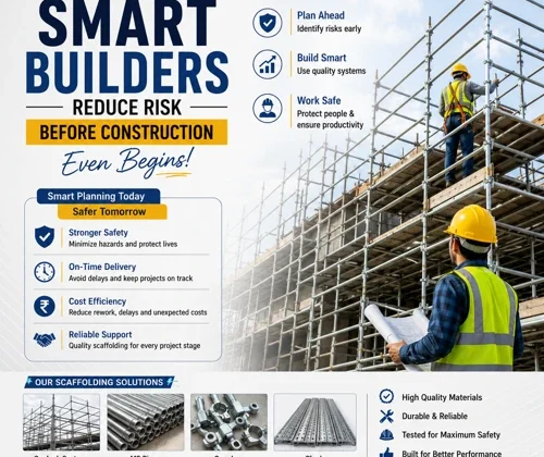 Construction engineer inspecting scaffolding structure while workers assemble a safe and reliable support system at a building construction site.