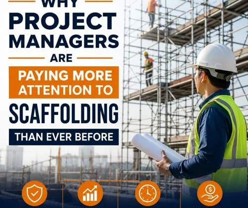 Construction project manager inspecting scaffolding structure at a building site to improve safety, productivity, and project efficiency.