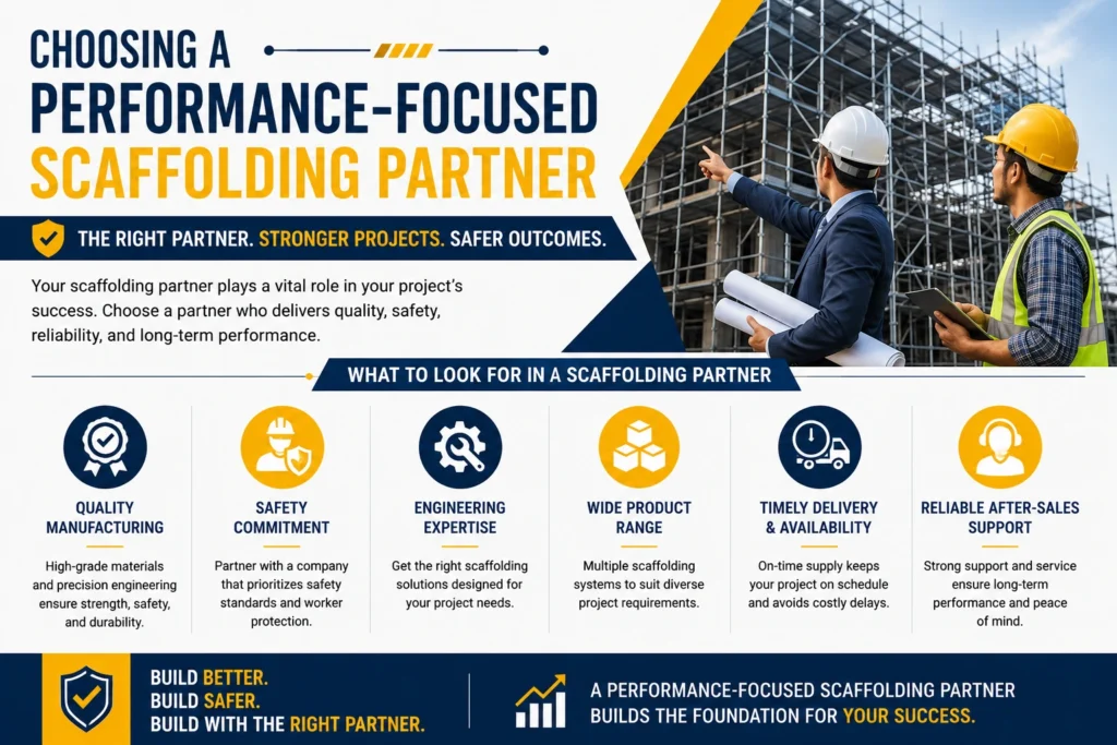 Construction professionals reviewing a scaffolding-supported building project while evaluating a performance-focused scaffolding partner for quality, safety, and project success.