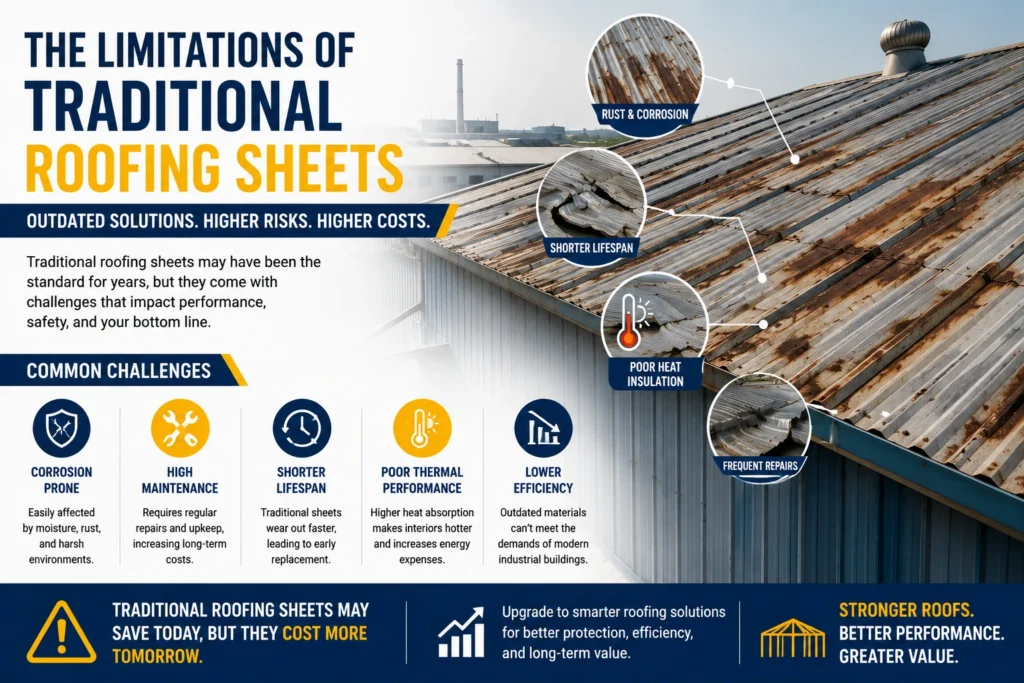 Rusted industrial roofing sheet showing corrosion, poor insulation, shorter lifespan, and maintenance issues compared to modern roofing solutions.