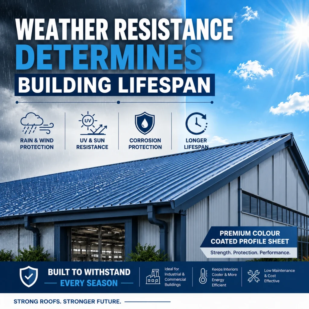 Industrial building with premium Colour Coated Profile Sheet roofing demonstrating superior weather resistance, corrosion protection, UV resistance, and long-term durability.