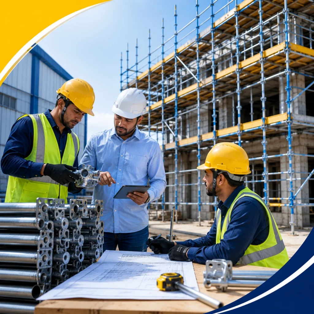Construction professionals reviewing scaffolding components and project plans at a construction site with steel scaffolding systems.