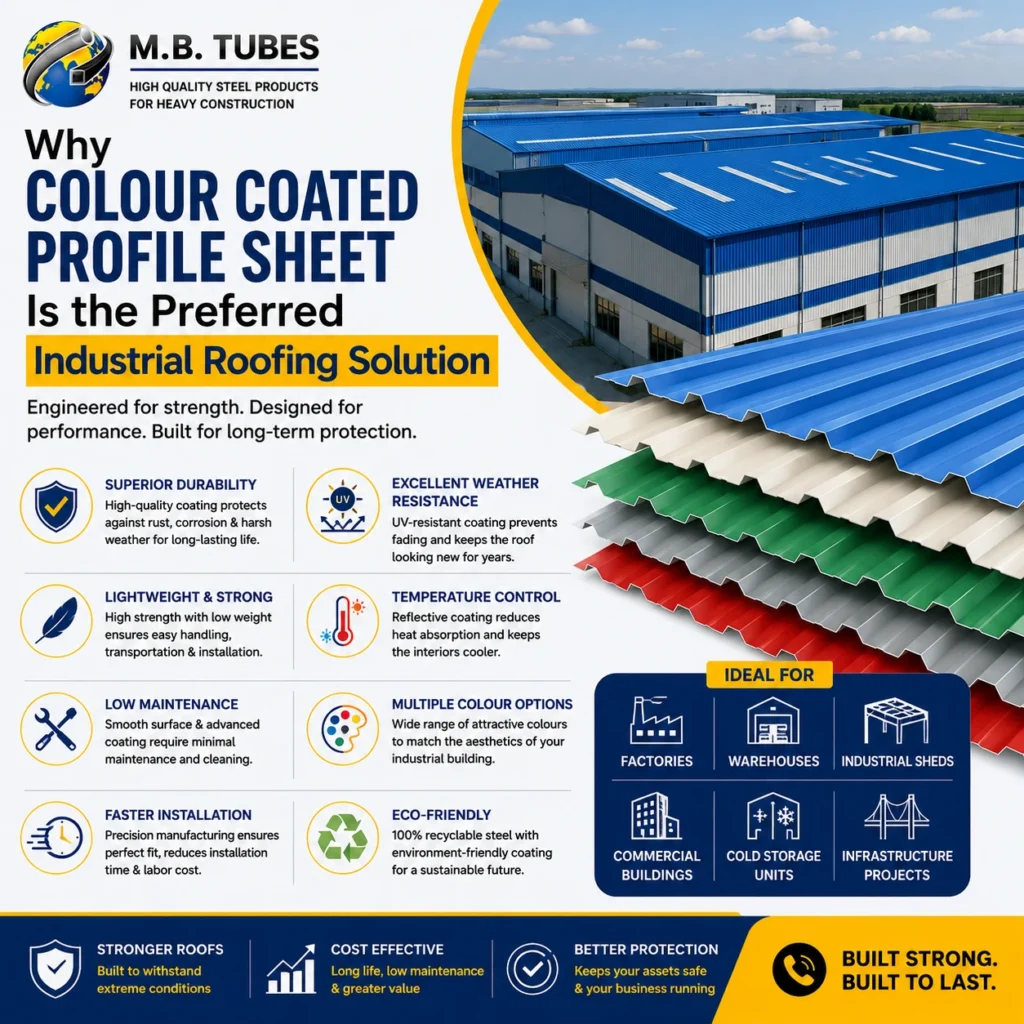 Modern industrial warehouse with blue colour coated profile sheet roofing, showcasing durable steel roofing solutions for factories, warehouses, and industrial buildings.