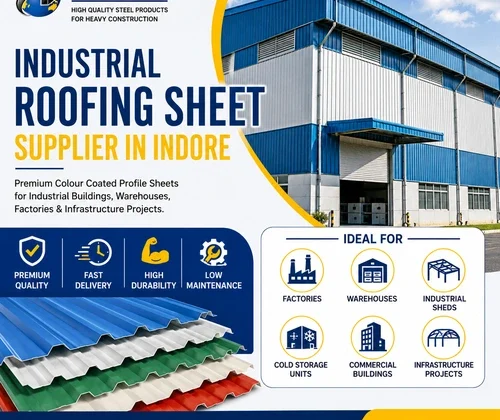 Modern industrial warehouse with blue Colour Coated Profile Sheet roofing showcasing premium industrial roofing solutions in Indore.