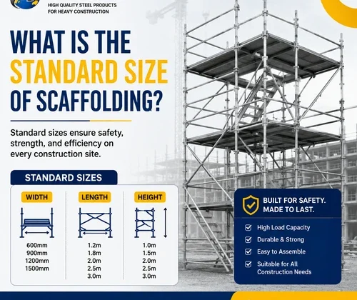 Standard size MS scaffolding system with width, length, and height dimensions for safe construction, manufactured by M.B. Tubes.