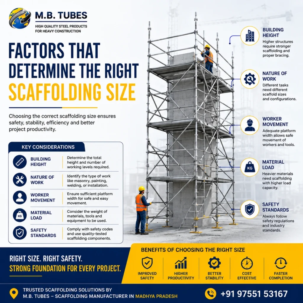 Construction scaffolding with key factors such as building height, work type, material load, and safety standards for choosing the right scaffolding size.