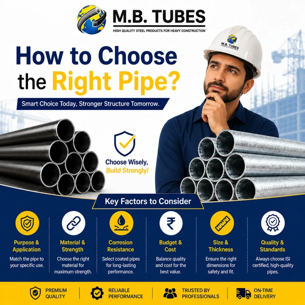 Construction engineer comparing MS Pipe and GI Pipe to choose the right steel pipe for industrial, structural, and plumbing applications.