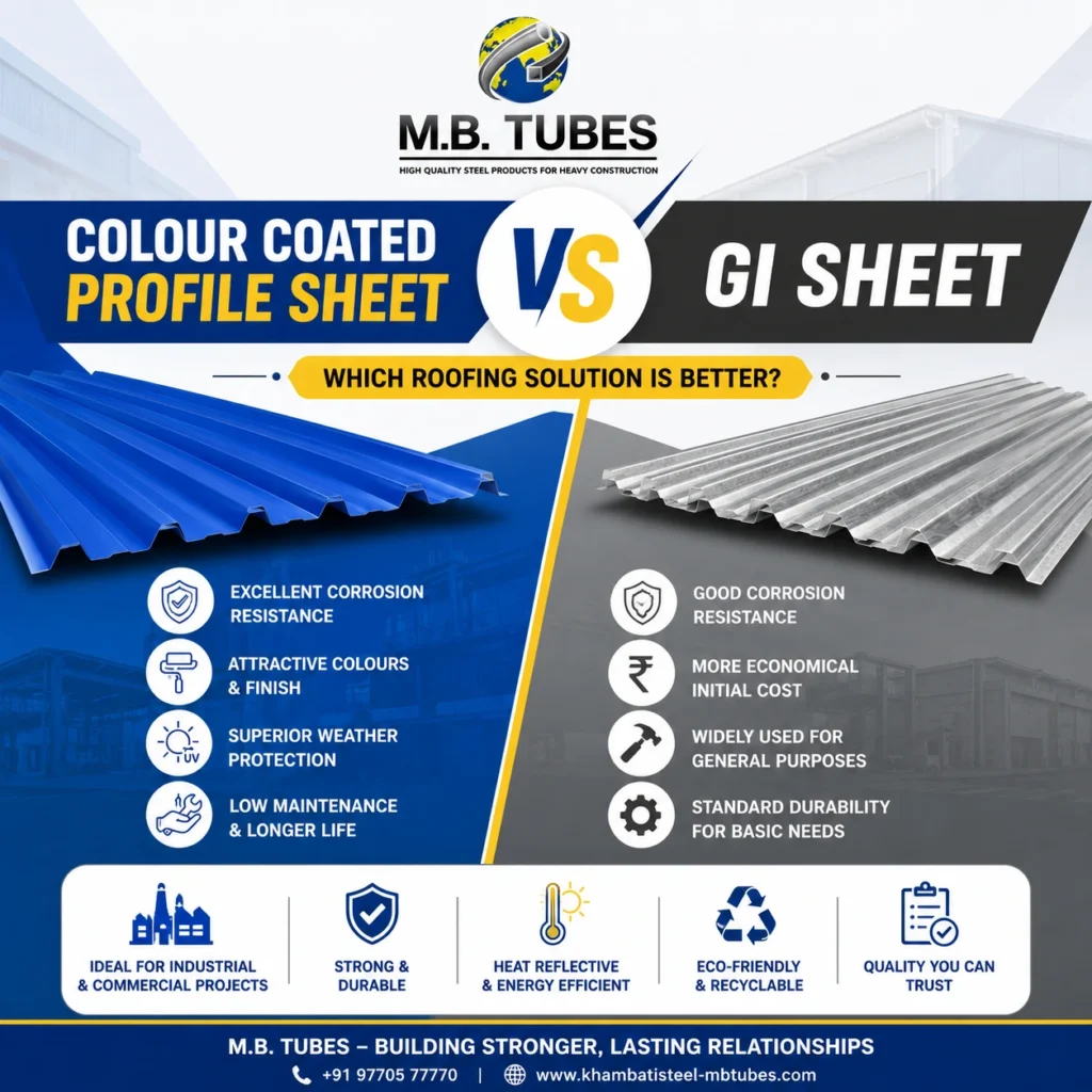 Colour Coated Profile Sheet vs GI Sheet comparison showing industrial roofing sheets with key benefits including corrosion resistance, durability, weather protection, and low maintenance.
