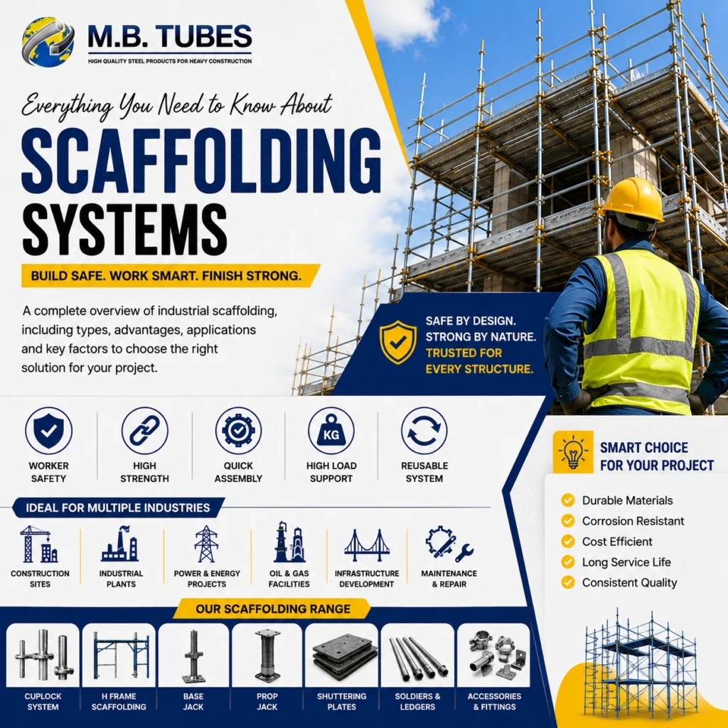 Industrial scaffolding systems at a construction site featuring Cuplock Scaffolding, H Frame Scaffolding, Base Jack, Prop Jack, and scaffolding accessories for safe and efficient construction.