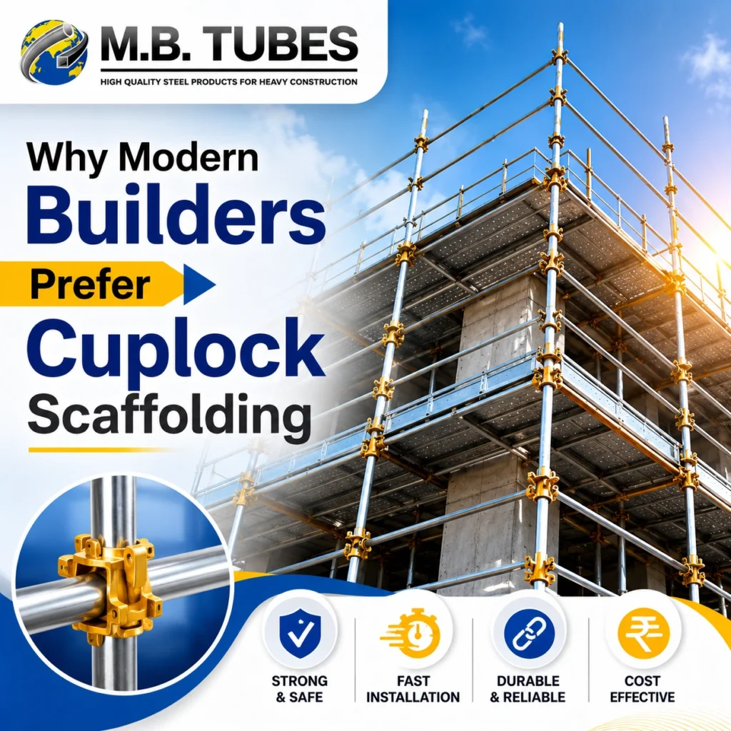 Modern construction site featuring Cuplock Scaffolding system with construction engineer, highlighting strength, safety, and fast installation by M.B. Tubes.