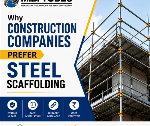 Steel Scaffolding structure used in modern construction projects showcasing strength, safety, durability, and fast installation by M.B. Tubes.
