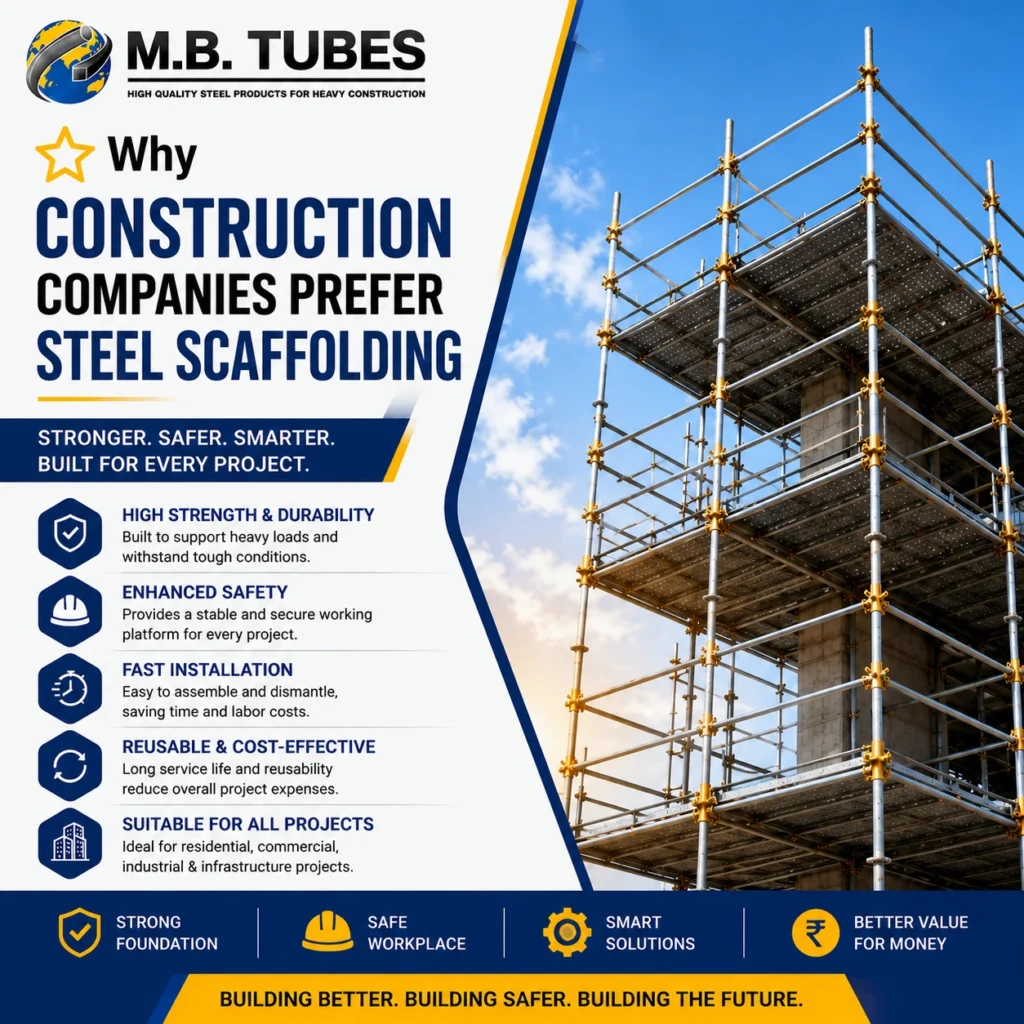 Infographic showing why construction companies prefer Steel Scaffolding for strength, safety, durability, fast installation, and cost-effective construction projects.