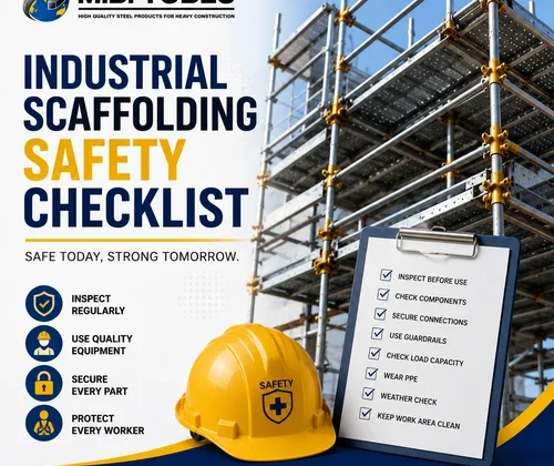 Industrial Scaffolding Safety Checklist featuring steel scaffolding structure, safety helmet, and inspection checklist for safe construction practices by M.B. Tubes.