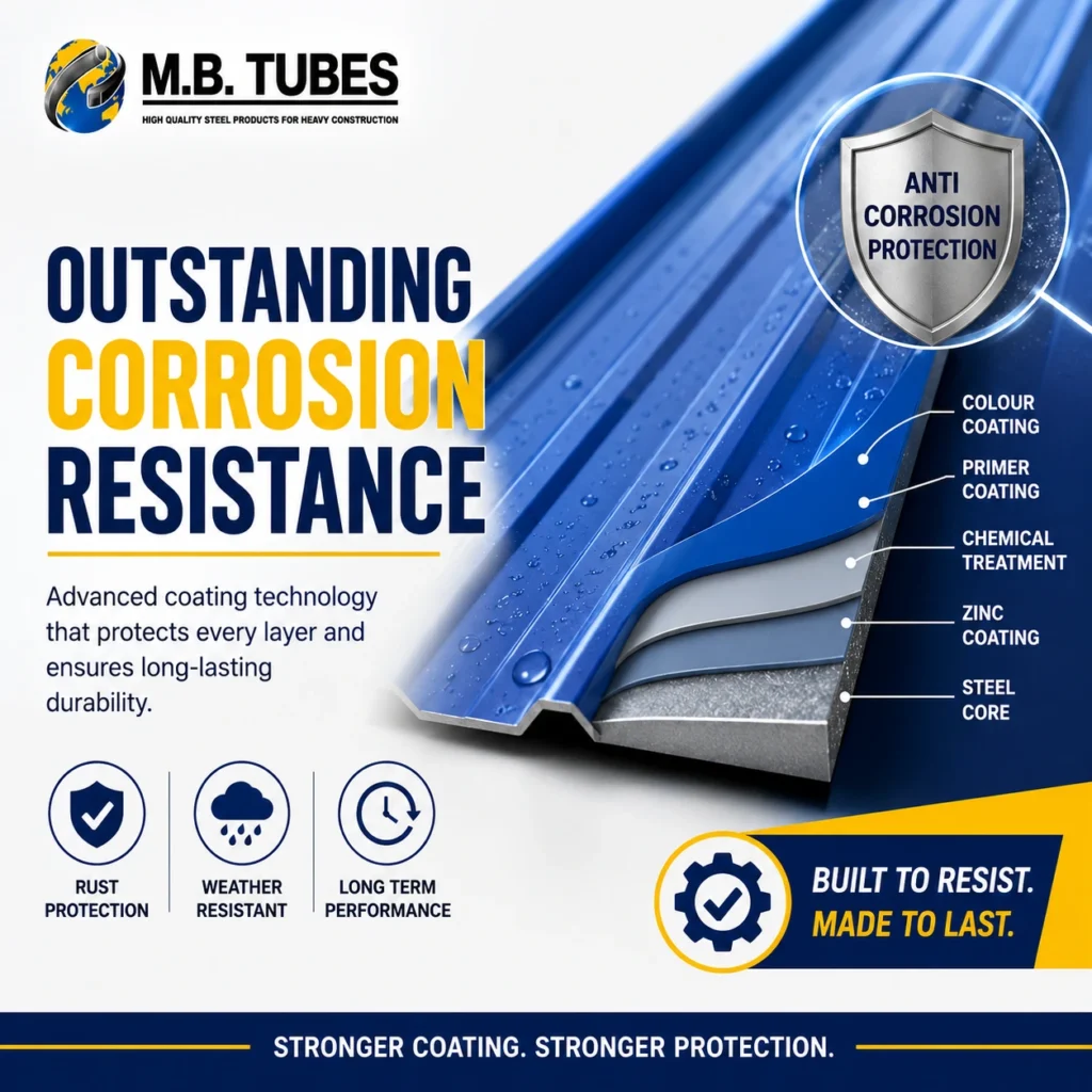 Colour Coated Profile Sheet with advanced anti-corrosion protection layers, showcasing rust-resistant steel roofing for industrial buildings by M.B. Tubes.