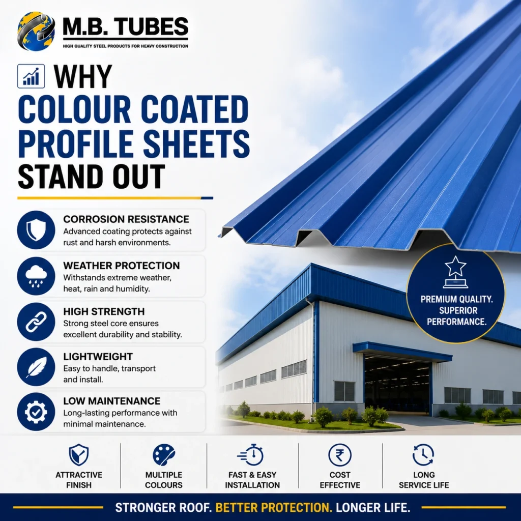 Premium Colour Coated Profile Sheet installed on a modern industrial building, highlighting corrosion resistance, weather protection, high strength, and long-lasting performance by M.B. Tubes.